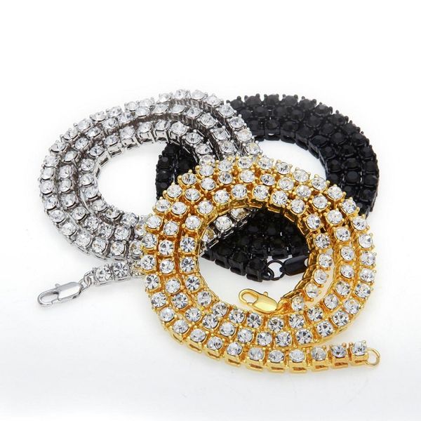 Men's stylish hip hop tennis chain necklace with iced-out bling in silver, black, and rose gold