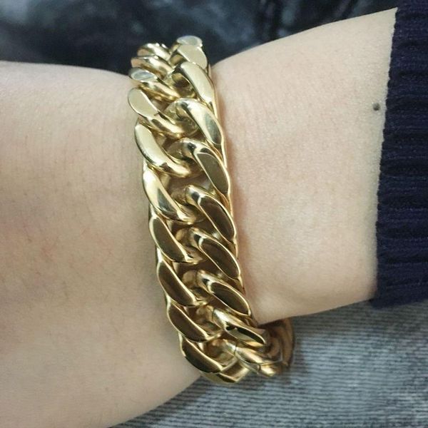 Men's stylish hip-hop titanium steel bracelet with gold plating and double clasp, 15mm wide