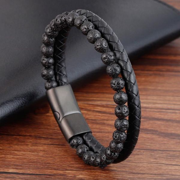 Men's stylish natural volcano stone bracelet with leather braid and magnetic clasp, trendy armband for men