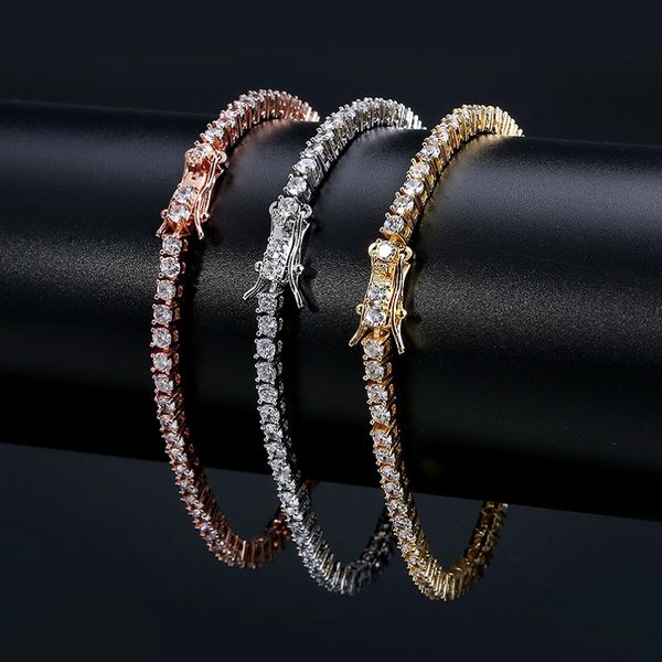 Mens stylish rose gold tennis bracelet with iced-out chain, perfect for hip hop fashion jewelry at 3mm width