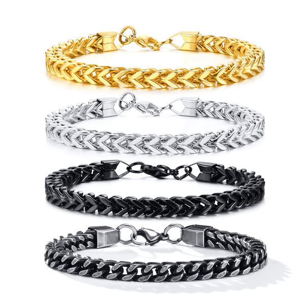 Mens stylish stainless steel double Franco chain bracelet in square links, available in silver, gold, and black, 6mm width, 8.66 inches length