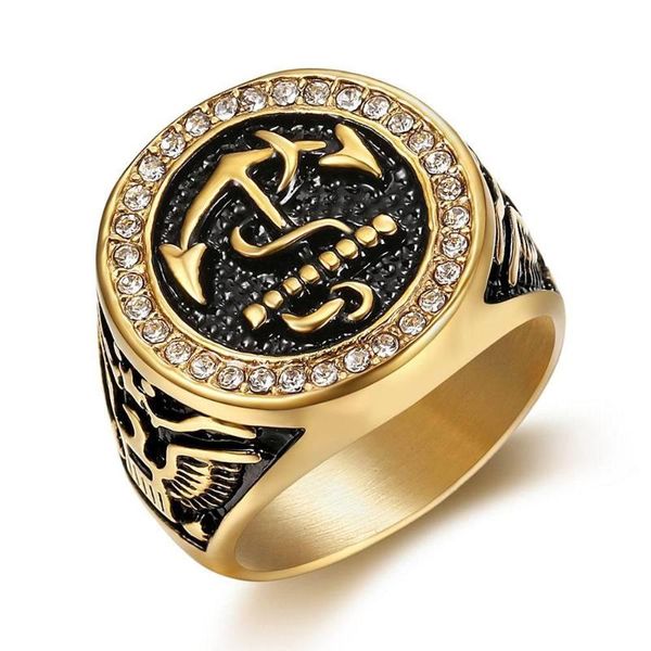 Men's stylish titanium zircon diamond anchor rings in gold with stainless steel bands