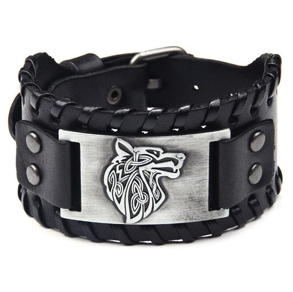 Men's stylish wolf head leather bracelet with alloy details and braided design for cross-border fashion
