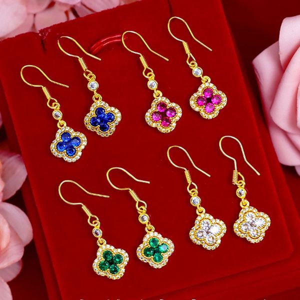 Micro-set four-leaf clover zircon fishhook earrings in 18K gold-filled, stylish women's dangle earrings with a shiny finish, perfect as a gift