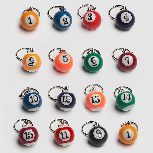 Mini billiard ball key rings in assorted colors, a fun pool-themed hanging accessory and great gift idea