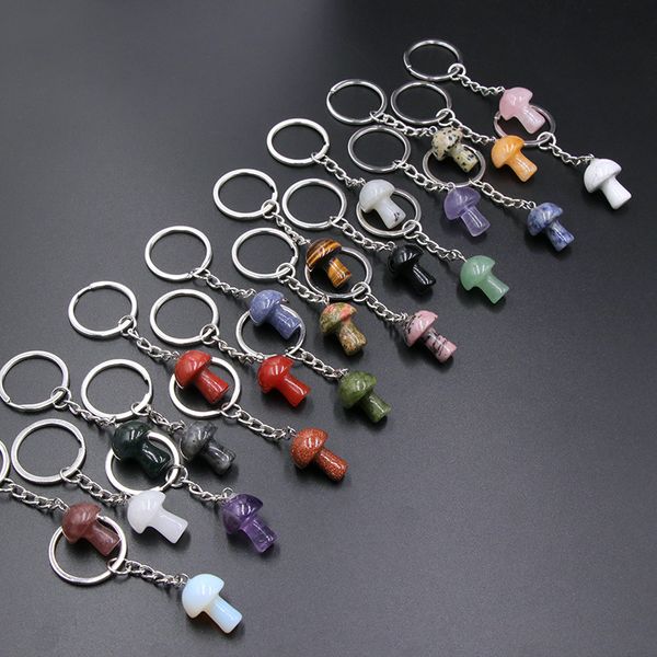 Mini Mushroom Statue Key Chains with Natural Rose Quartz and Aventurine Crystals for Women and Men