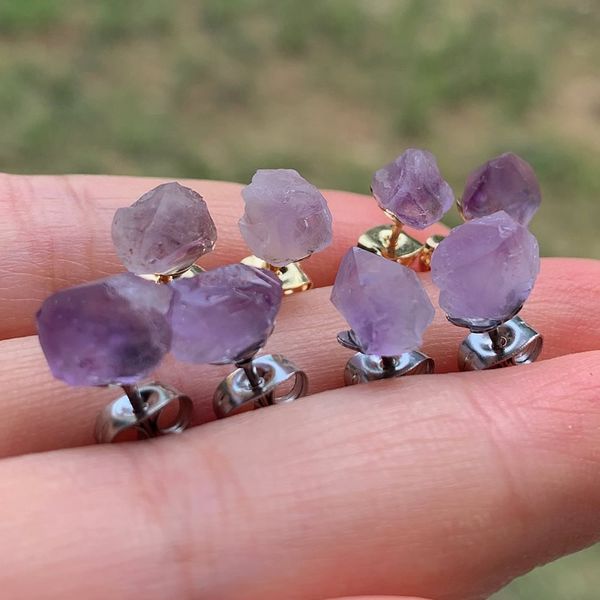 Mini purple crystal stud earrings with natural amethyst quartz in small flower design, 6-10mm stainless steel studs