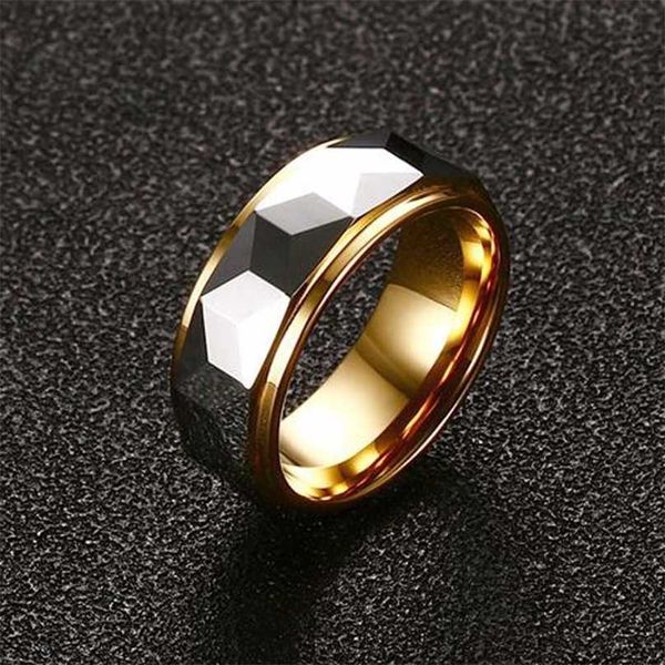 Modyle's 8mm men's tungsten carbide wedding band features a cool punk vintage design with a multi-faceted prism style