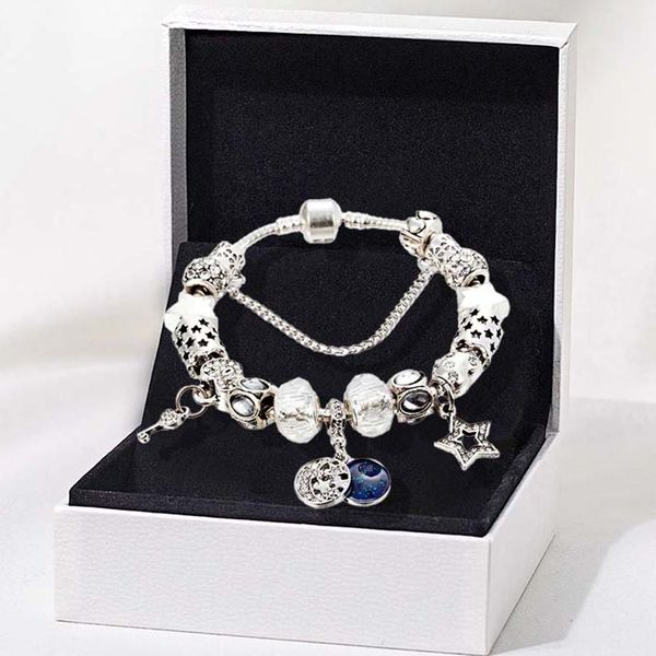 Moon & Blue Sky Charm Bracelet: 925 Silver Plated Crystal Bead Jewelry Set for Women and Girls, Perfect Party Gift with L