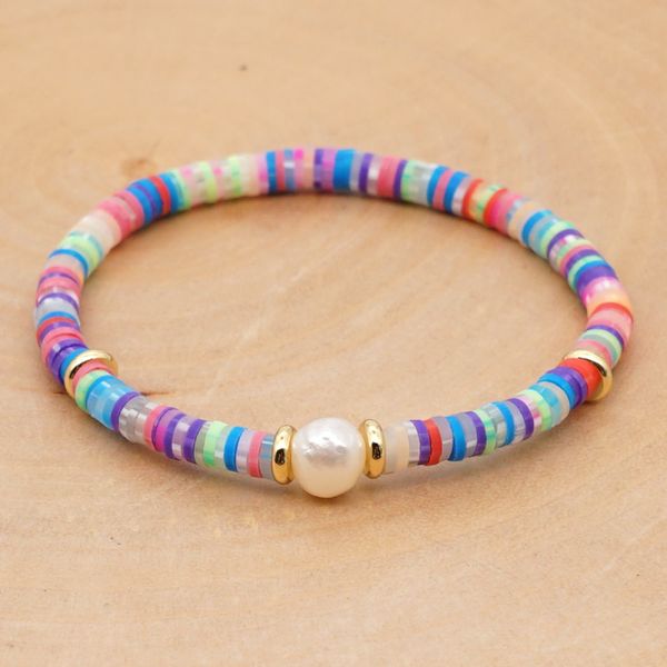 Multicolor Bohemian polymer clay bead bracelets with baroque pearls, perfect for summer beachwear and couple gifts