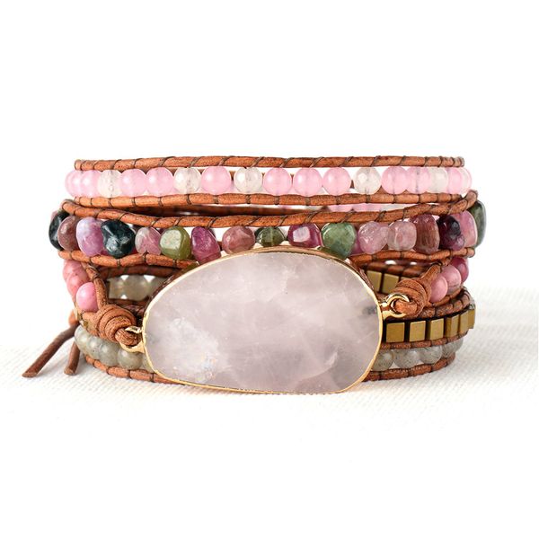 Native-inspired leather bracelet with woven pink tourmaline and quartz strands, bohemian wrap style for dropshipping