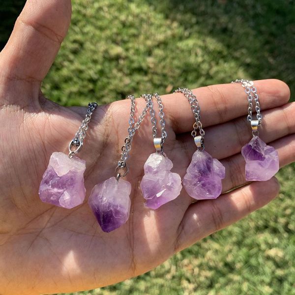 Natural Crystal Stone Irregular Pendant Necklace for Women - Reiki Healing Quartz and Amethyst Jewelry