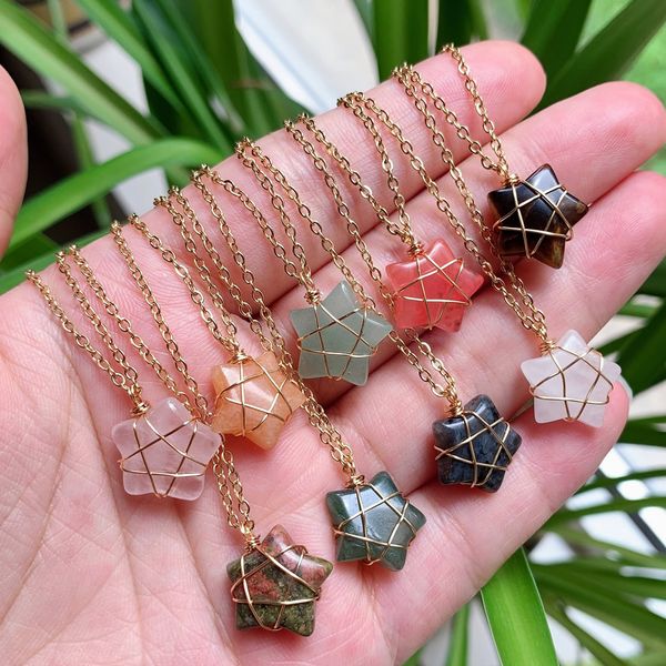 Natural Crystal Stone Necklace featuring a Five-Pointed Star Pink Quartz Pendant, a stylish choker for women's jewelry