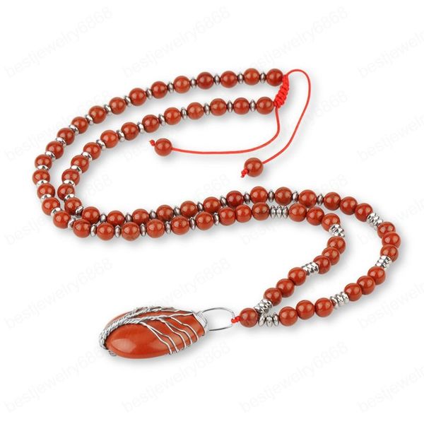 Natural gemstone red tree of life pendant with 7 chakra beads, a long wire-wrapped necklace for women and men