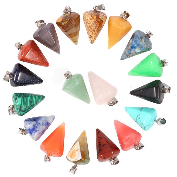 Natural hexagonal pyramid charms featuring rose quartz, tiger's eye, and opal crystal pendants for earrings and necklaces to balance chakras