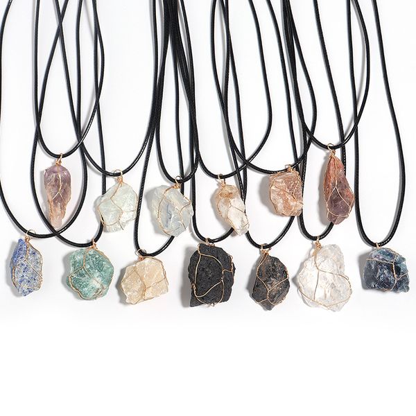 Natural Raw Irregular Stone Pendant Necklace featuring Amethyst, Fluorite, Tiger Eye, Lapis Lazuli, and Pink Crystals for Women and Men's Jewelry