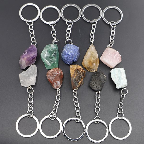 Natural Raw Ore Keychain Ring with Gem Quartz Fluorite Citrine Amethyst Irregular Stone Pendants for DIY Jewelry Making