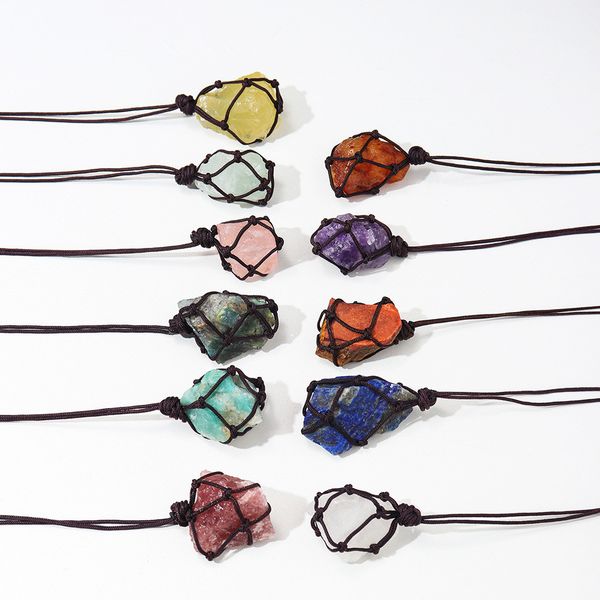 Natural rough gemstone net bag necklaces featuring rose quartz, amethyst, and fluorite crystal pendants for both women and men