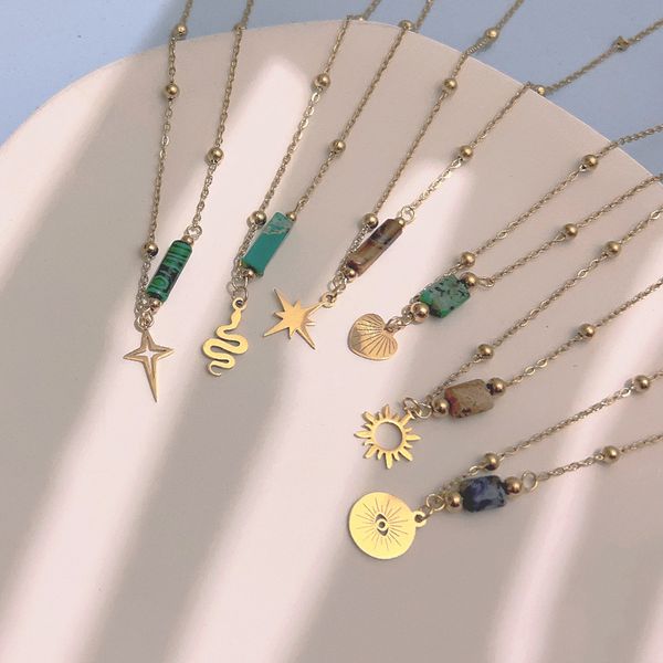 Natural Stainless Steel Snake Heart Sun Pendant Necklace for Women
