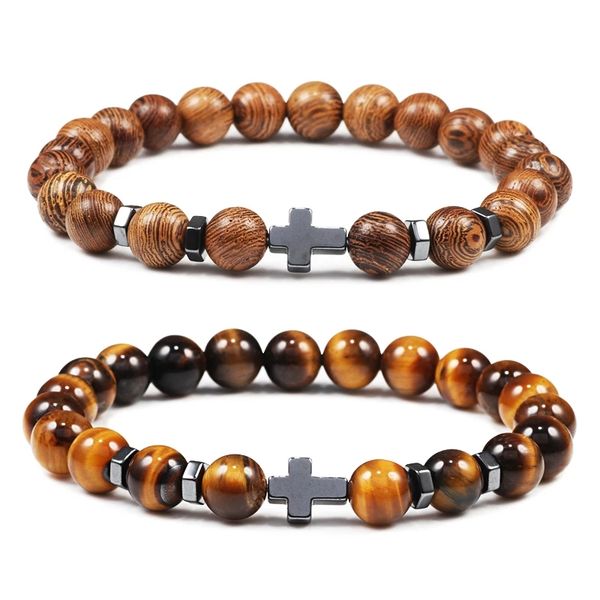Natural stone and wood bead rosary bracelets featuring hematite crosses and onyx, perfect for meditation and yoga jewelry for women