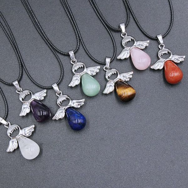 Natural Stone Angel Pendant Necklace featuring pink crystal, opal, and amethyst charms on a chain for women's jewelry