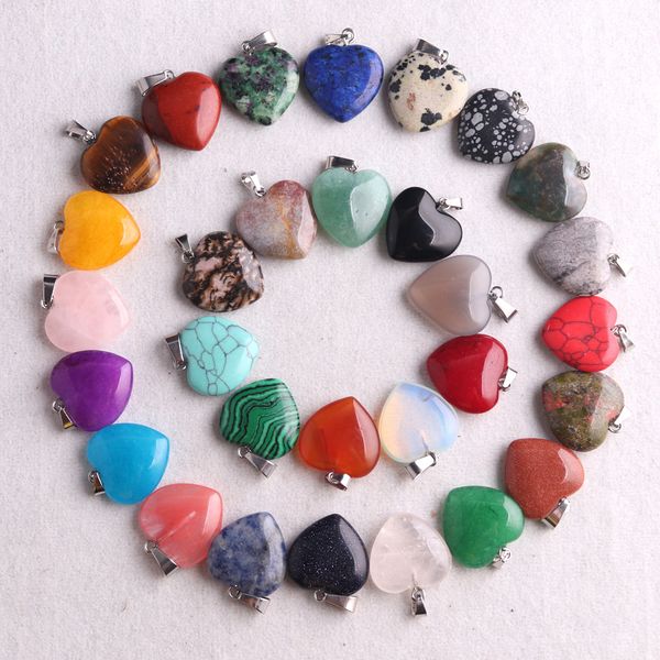 Natural Stone charms featuring 20mm heart pendants in Love Tiger's Eye, Rose Quartz, and opal, perfect for jewelry making with earrings and necklaces, aligning with chakras