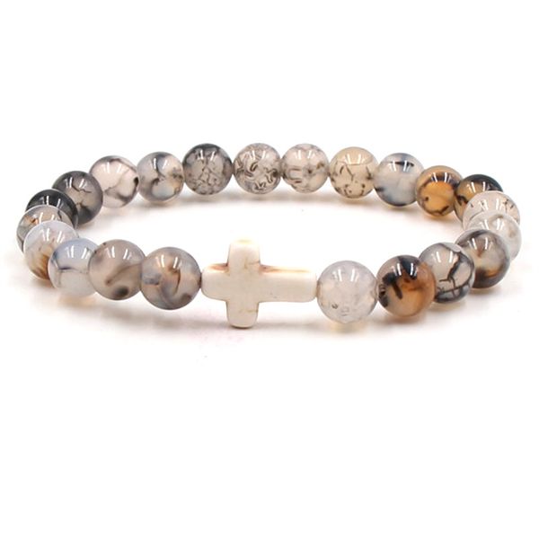 Natural Stone Cross Bracelet Charm Beaded Elastic Bracelet for Men and Women, Christian Jewelry Gift