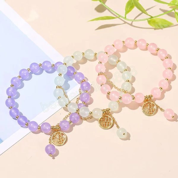 Natural Stone Pink Chalcedony Bead Lucky Charm Bracelet Women Fashion Sweet Chinese Fu Handmade Strand Bangles For Girl