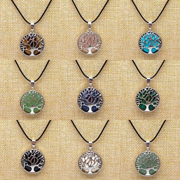 Natural Stone Tree of Life Pendant Necklace for Women and Men with Black Turquoise Quartz and PU Chain Jewelry