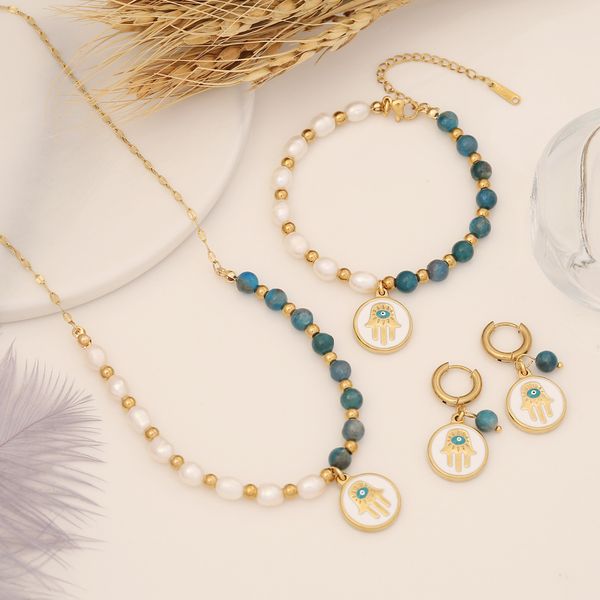 Natural Stone White Pearl Necklace with Fatima Hand and Evil Eye Pendant, Matching Jewelry Set