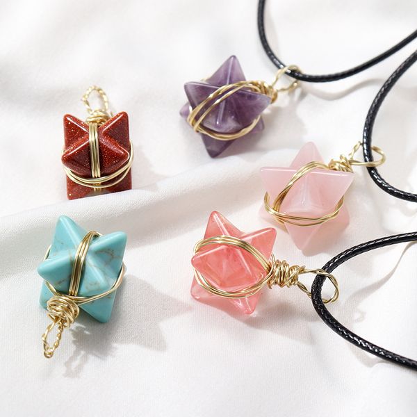 Natural Stone Wire Winding Merkabah Hexagram Necklace Crystal Quartz Star Pendant Necklaces for Women Jewelry Gift