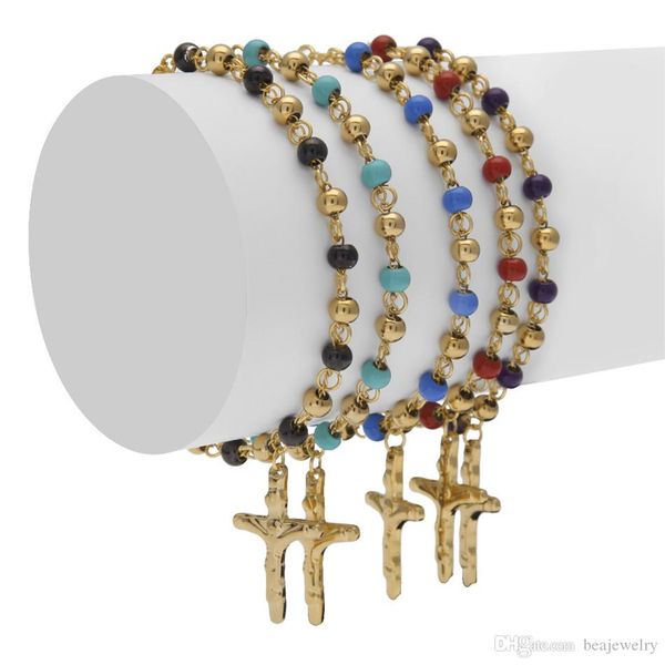 New 5-color 18cm stainless steel Jesus cross rosary bracelet with gold beads, a stylish hip hop jewelry gift for men and women
