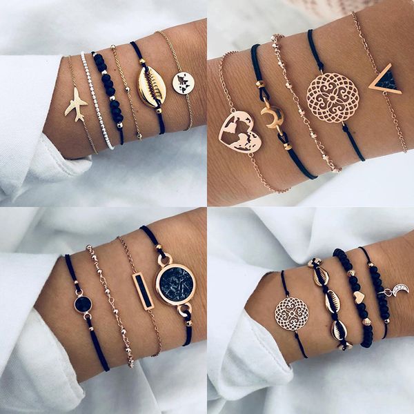 New Bohemian Black Rope Necklace Bracelet Set for Women with Airplane Shell Moon Heart Crystal Charms Boho Jewelry