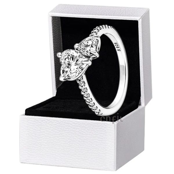 New Double Heart Sparkling Ring in 925 Silver for Women, a Perfect Gift for Pandora Lovers with CZ Diamond and Original Set