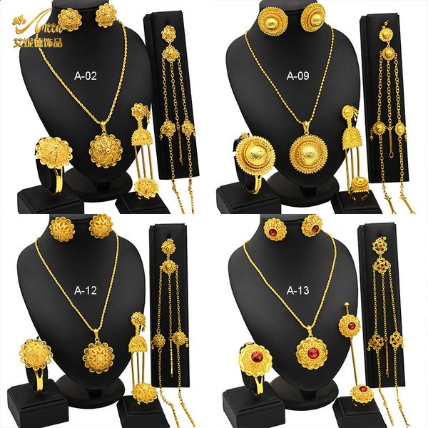 New Dubai 24K gold bridal jewelry set featuring necklace, earrings, ring, bracelet, hairpin, and head chain in six pieces