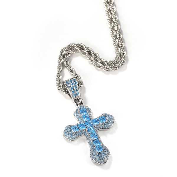 New stylish cross pendant necklace with micro pave blue zirconia, perfect for hip hop lovers and couples
