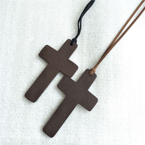 New stylish wooden cross necklaces for women, featuring black and brown rope chains in bulk fashion jewelry