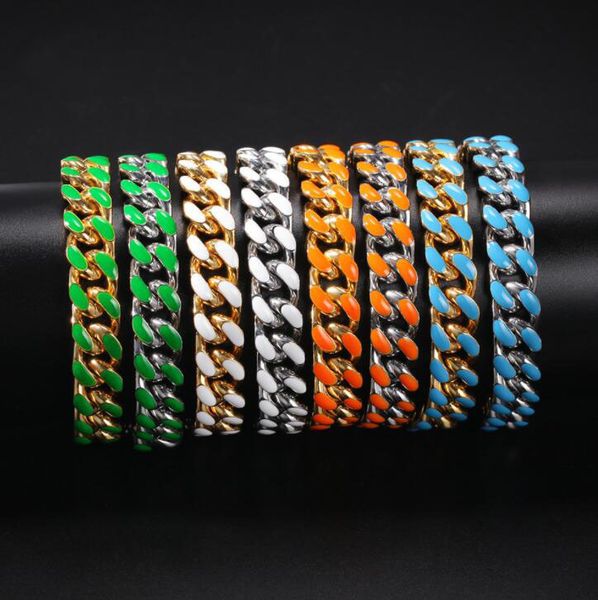 New trendy 12mm stainless steel hip hop oil drip Cuban chain bracelet for men and women