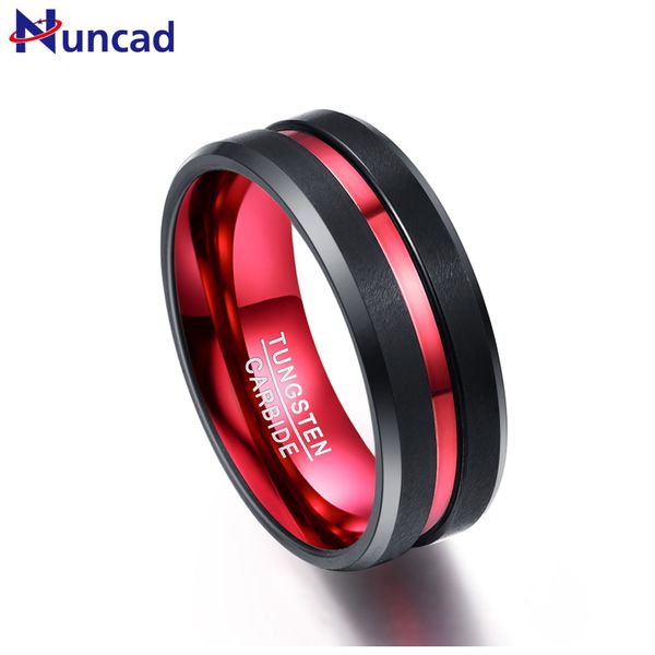Nuncad 8mm tungsten steel rings with single groove red men's wedding bands