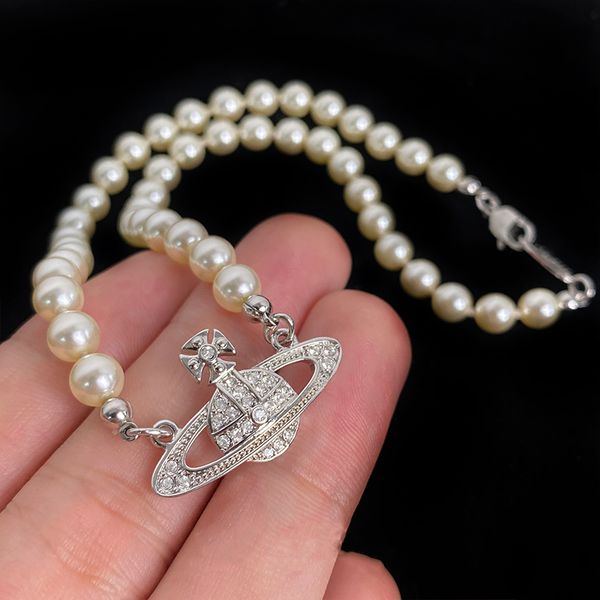 Official 925 silver designer choker necklace with zircon pendants, 40cm chain featuring Saturn pearl and logo, durable for women