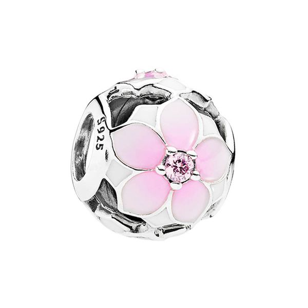 Openwork Pink Magnolia Flower Charm 925 Sterling Silver Bracelet Component for Women's Jewelry Making
