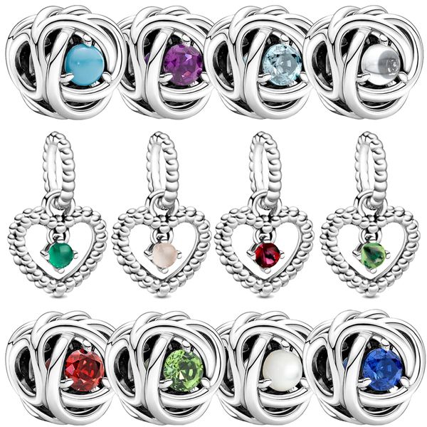 Original bracelet charm pendant featuring twelve birthstone hearts in 925 sterling silver for women's jewelry