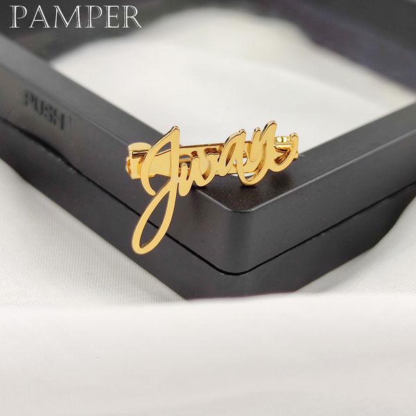 PAMPER Personalized Cursive Name Brooch - Custom Stainless Steel Nameplate Pin for Unisex Suit Accessories, Ideal Wedding Groom Gift