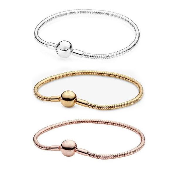 Pandora-925 Sterling Silver Snake Bone Dangle Charm Bracelet with Round Button, Stylish Women's European and American Fashion Bracelet