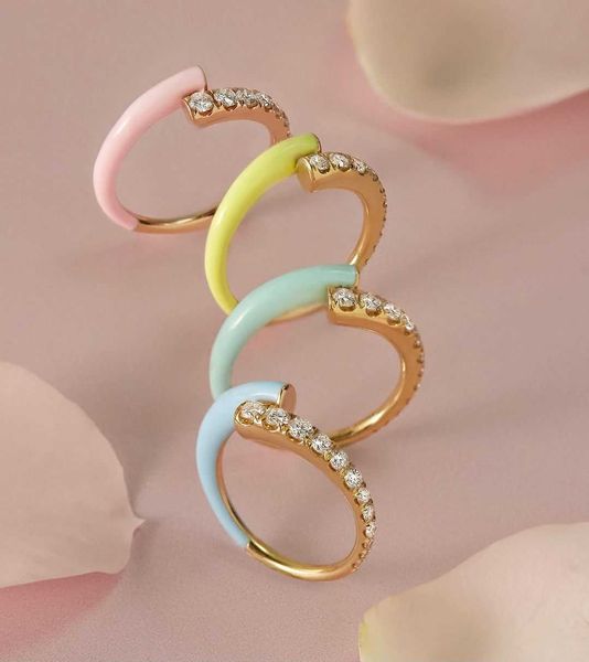 Pastel neon enamel rings for women, colorful and adjustable stacking bands with CZ stones, summer 2021 collection X0715