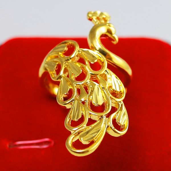 Peacock-inspired elegant 18k yellow gold filled adjustable ring for women