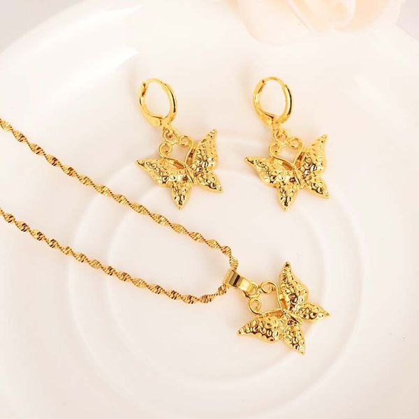 Pendant necklace earrings set featuring cute butterfly design in 18k solid gold, perfect for weddings or gifts for couples