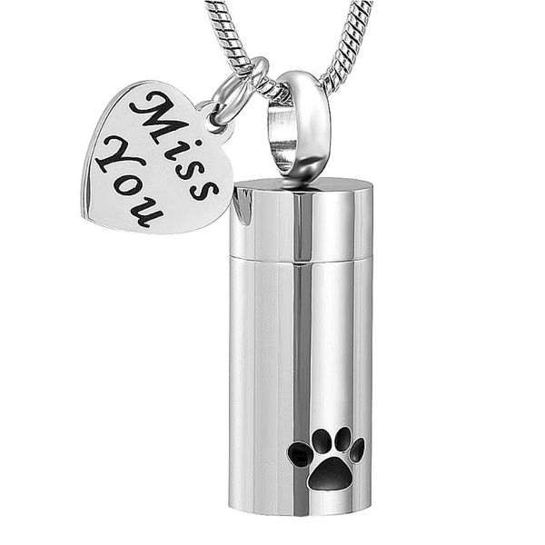Pendant necklace featuring a pet cremation urn cylinder with "Miss You" heart charm, serving as memorial jewelry for cherished dogs or cats