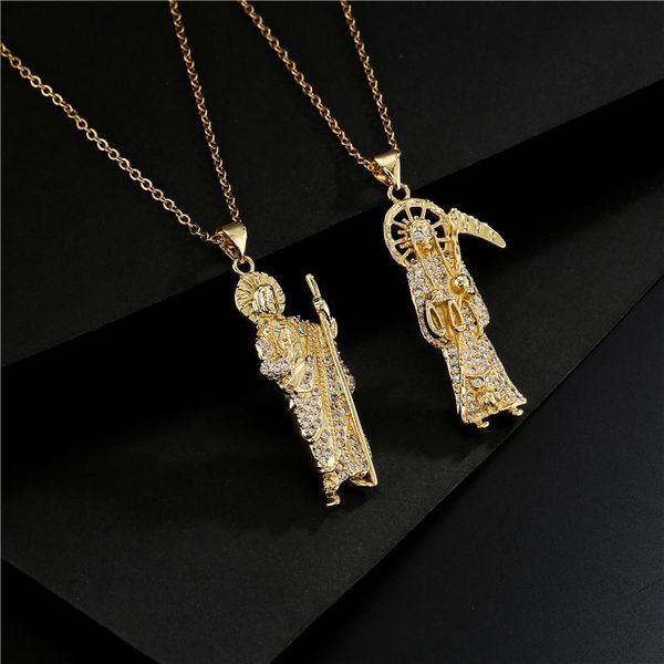 Pendant Necklaces featuring a Classic Grim Reaper Priest Design, available in Gold Chain for both Women and Men, offering Luxury Bling with Cubic Zirconia Jewelry for Wholesale