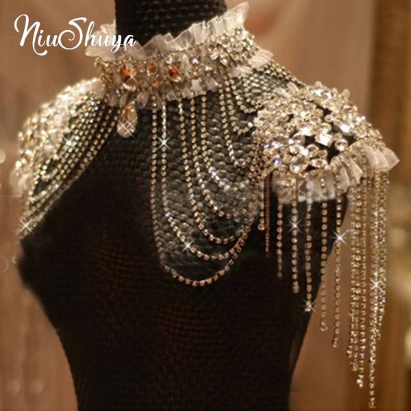 Pendant necklaces featuring bridal chain tassels, shoulder straps, beads, lace, and crystal accents for weddings